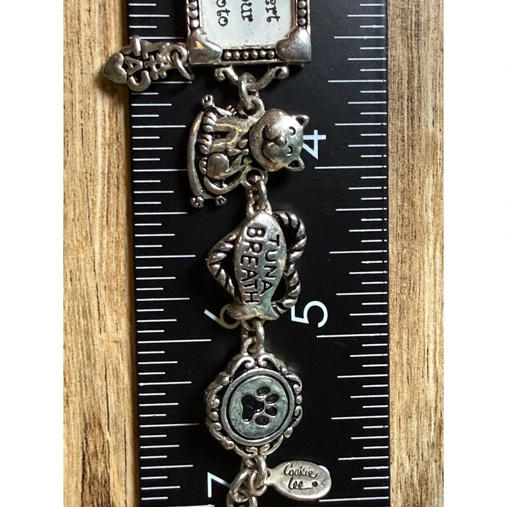 Cookie Lee Charm Bracelet Womens 6.5 Silver Cat Mom Tuna Breath Photo Frame Y2K
